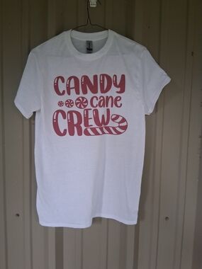 Women's Candy Cane Crew White Christmas T Shirt Size Petite Small PS SP Holiday